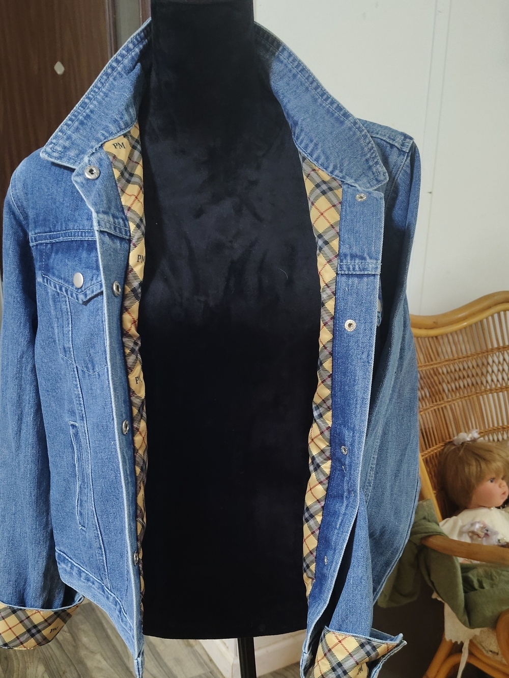 Denim Jacket with Plaid Trim - Blue